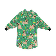 Load image into Gallery viewer, image of a green pug blanket hoodie with pugs and floral theme -  back view