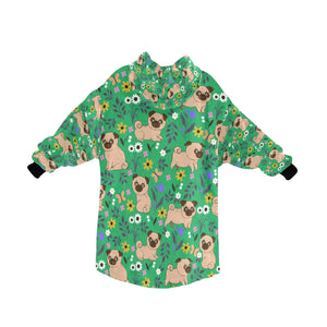 image of a green pug blanket hoodie with pugs and floral theme -  back view