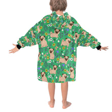 Load image into Gallery viewer, image of a green pug blanket hoodie with pugs and floral theme - back view
