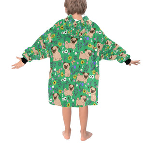 image of a green pug blanket hoodie with pugs and floral theme - back view
