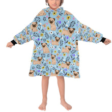 Load image into Gallery viewer, image of a kid wearing a pug blanket hoodie for kids - light blue