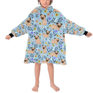 image of a kid wearing a pug blanket hoodie for kids - light blue