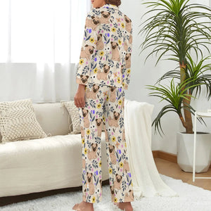 Image of a lady wearing beige tan pug pajamas - back view