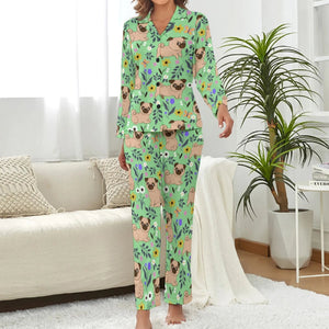 Image of a lady wearing super cute pug pajamas in green color