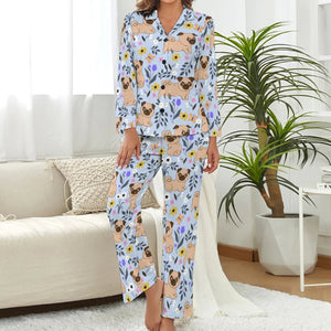 Image of a lady wearing super cute pug pajamas in light blue color