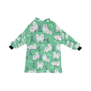 image of a green Samoyed blanket hoodie for kids 