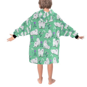 image of a green Samoyed blanket hoodie for kids  - back view