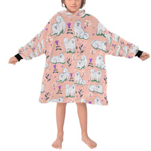 Load image into Gallery viewer, image of a kid wearing a samoyed blanket hoodie for kids - light pink