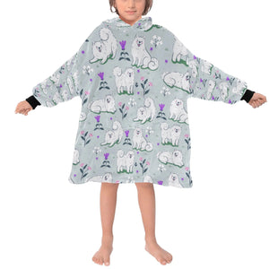 image of a kid wearing a samoyed blanket hoodie for kids - grey