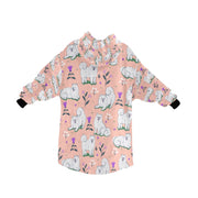 image of a samoyed blanket hoodie - light pink - back view