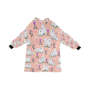 image of a peach samoyed blanket hoodie for women - back view