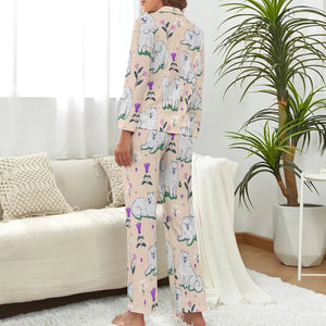 image of a woman wearing a beige pajamas set - samoyed pajamas set for women in beige - back view