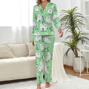 image of a woman wearing a  green pajamas set - samoyed pajamas set for women in green