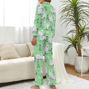 image of a woman wearing a green pajamas set - green samoyed pajamas set for samoyed mom - back view
