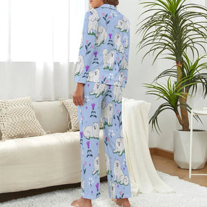 image of a woman wearing a blue pajamas set - samoyed pajamas set for women in blue - back view