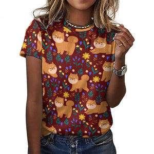 image of a woman wearing a maroon shiba inu all over print t-shirt