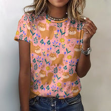 Load image into Gallery viewer, image of a woman wearing a peach shiba inu all over print t-shirt