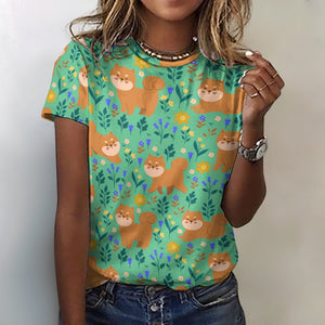 image of a woman wearing a green shiba inu all over print t-shirt