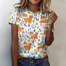 Load image into Gallery viewer, image of a woman wearing a white shiba inu all over print t-shirt