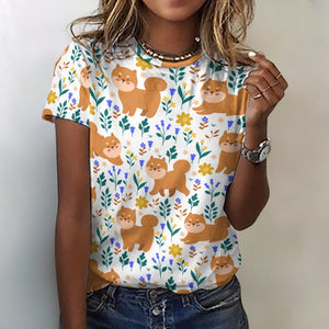 image of a woman wearing a white shiba inu all over print t-shirt