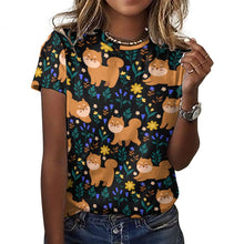 Load image into Gallery viewer, image of a woman wearing  a black shiba inu all over print t-shirt