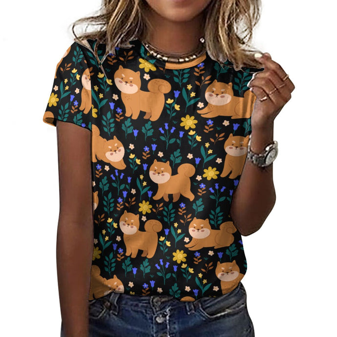 image of a woman wearing  a black shiba inu all over print t-shirt
