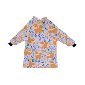 image of a lavender shiba inu blanket hoodie for kids