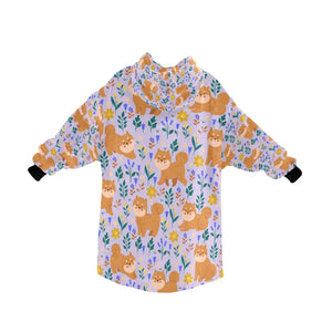 image of a lavender shiba inu blanket hoodie for kids - back view