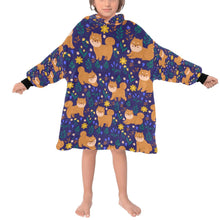 Load image into Gallery viewer, image of a kid wearing Shiba Inu blanket hoodie for kids - midnight blue