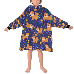 image of a kid wearing Shiba Inu blanket hoodie for kids - midnight blue