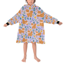 Load image into Gallery viewer, image of a kid wearing Shiba Inu blanket hoodie for kids - lavender