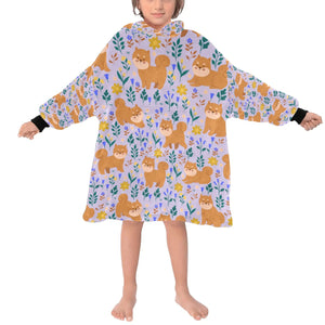 image of a kid wearing Shiba Inu blanket hoodie for kids - lavender