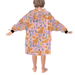 image of a light blue shiba inu blanket hoodie for kids - back view