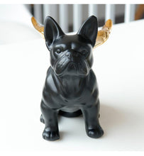 Load image into Gallery viewer, Front image of a black french bulldog angel statue with Golden Angel Wings, made of black ceramic, with gold-plated angel wings