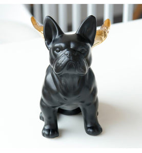 Front image of a black french bulldog angel statue with Golden Angel Wings, made of black ceramic, with gold-plated angel wings