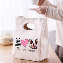 Load image into Gallery viewer, Image of pied black and white french bulldog bag in Peace, Love, and Frenchie text design 