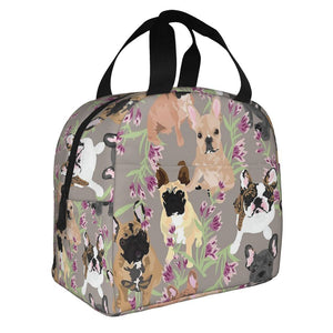 Image of an insulated French Bulldog bag with exterior pocket in frenchies and purple orchids design