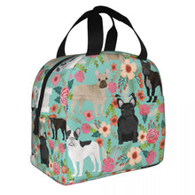 Load image into Gallery viewer, Image of an insulated French Bulldog bag with exterior pocket in bloom design