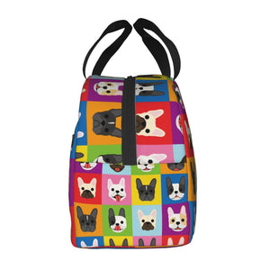 Side image of an insulated French Bulldog bag with exterior pocket in infinite French Bulldog design