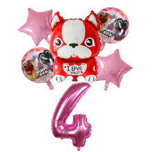 Load image into Gallery viewer, Image of french bulldog balloon party pack with 4 age balloon