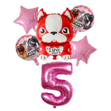 Load image into Gallery viewer, Image of french bulldog balloon party pack with 5 age balloon