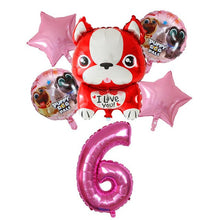 Load image into Gallery viewer, Image of french bulldog balloon party pack with 6 age balloon