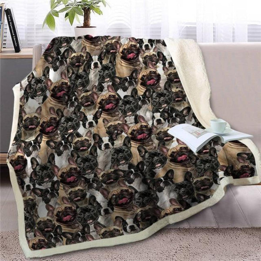 Image of a super cute French Bulldog blanket with infinite French Bulldogs in all colors design