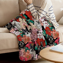 Load image into Gallery viewer, Image of a girl covered with super cute French Bulldog blanket on a sofa with infinite French Bulldogs in all colors design