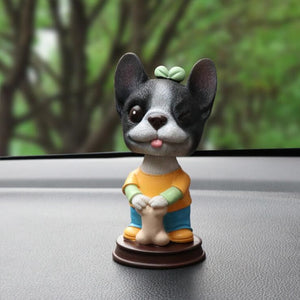 Image of a super-cute hipster French Bulldog bobblehead in pied black and white color