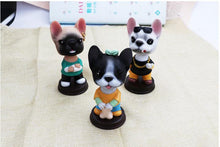 Load image into Gallery viewer, Image of three super-cute hipsters French Bulldog bobbleheads for car in fawn, white, and pied black and white colors!