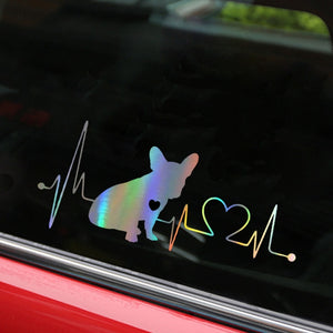 Image of heart beat design french bulldog car decal in the color reflective rainbow