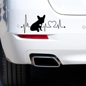 Image of heart beat design french bulldog car decal in the color black