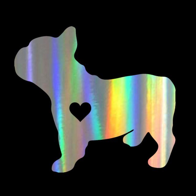 Image of french bulldog car sticker in reflective rainbow color made of high-quality vinyl