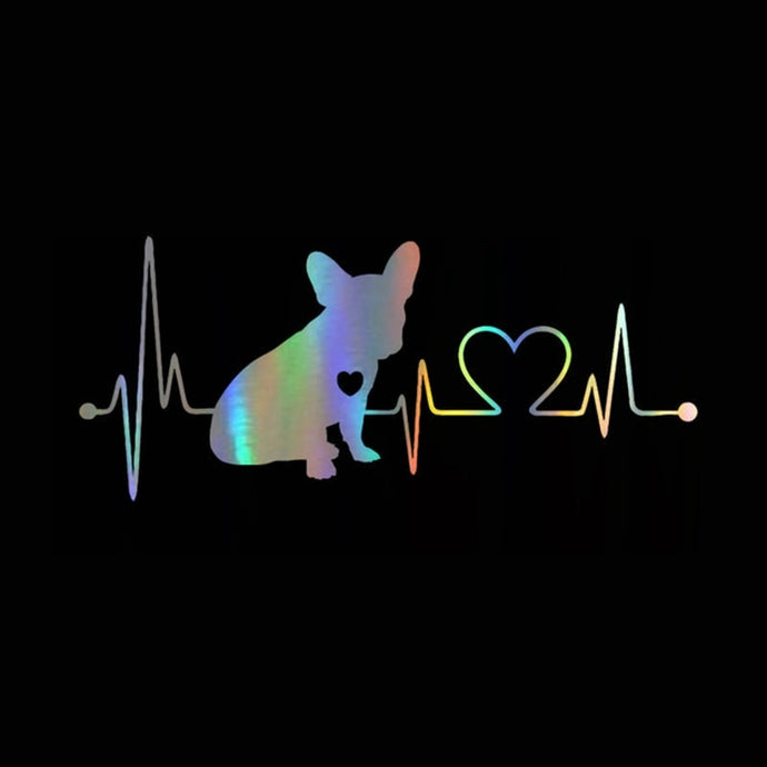 Image of heart beat design french bulldog car sticker in the color reflective rainbow